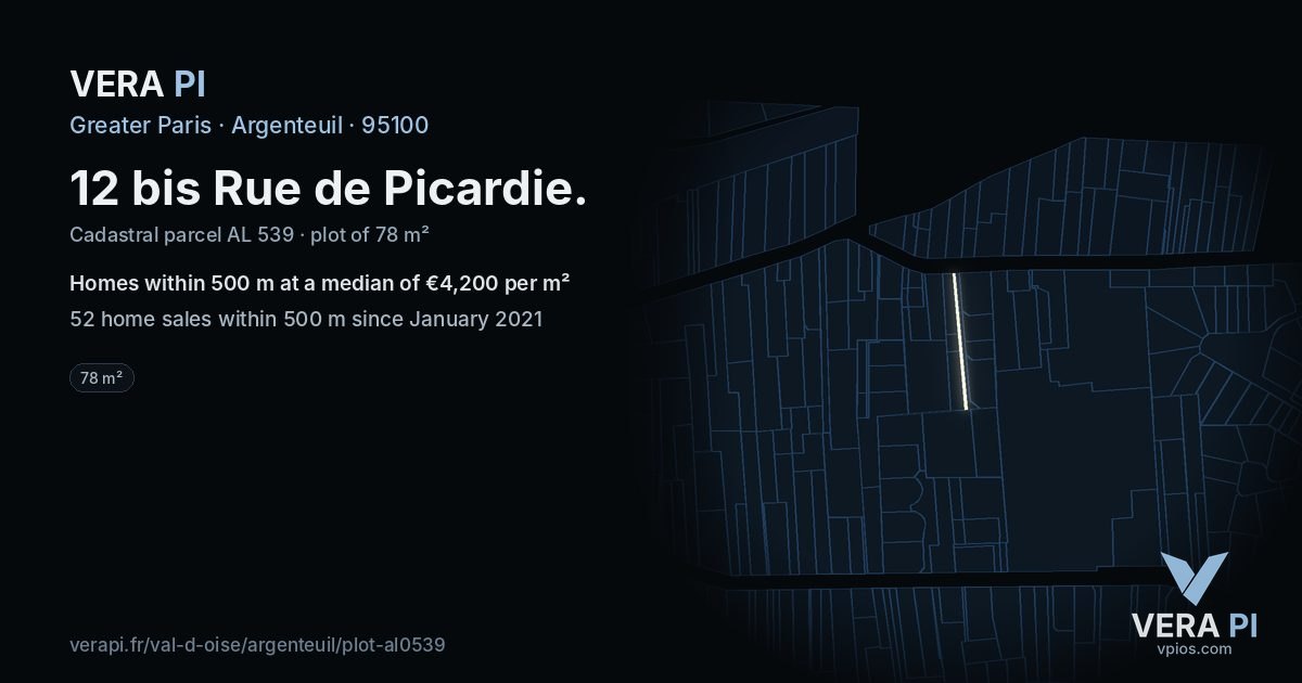12 bis Rue de Picardie, Argenteuil at night – the plot lit, the parcels around coloured by the prices near them