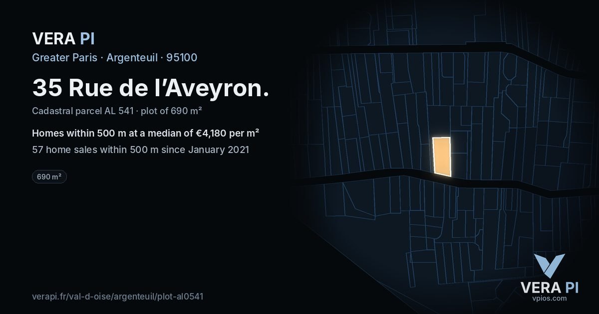 35 Rue de l’Aveyron, Argenteuil at night – the plot lit, the parcels around coloured by the prices near them