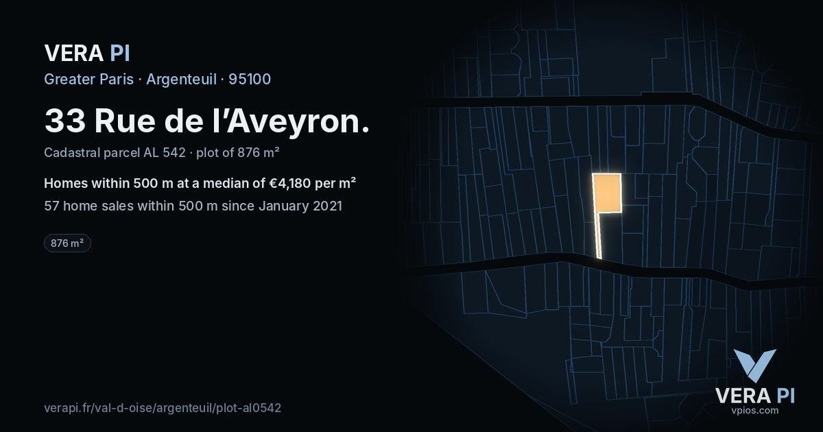 33 Rue de l’Aveyron, Argenteuil at night – the plot lit, the parcels around coloured by the prices near them