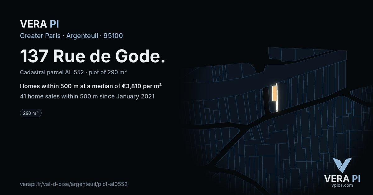 137 Rue de Gode, Argenteuil at night – the plot lit, the parcels around coloured by the prices near them