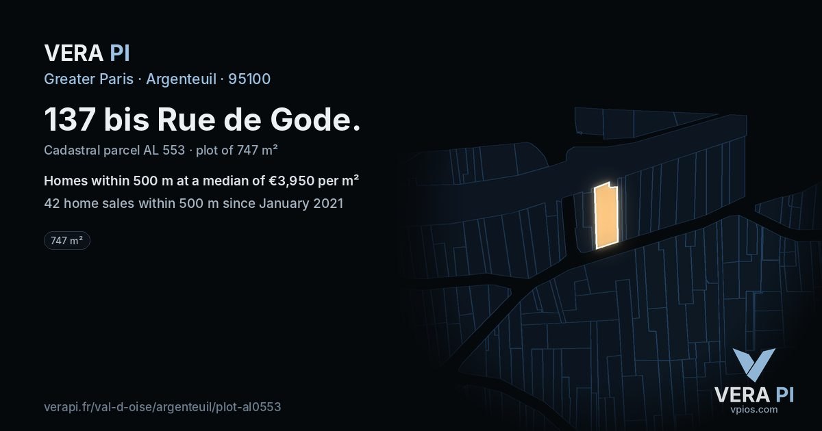 137 bis Rue de Gode, Argenteuil at night – the plot lit, the parcels around coloured by the prices near them