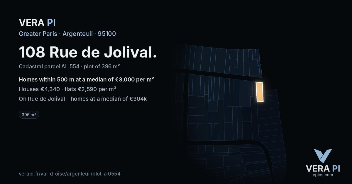 108 Rue de Jolival, Argenteuil at night – the plot lit, the parcels around coloured by the prices near them