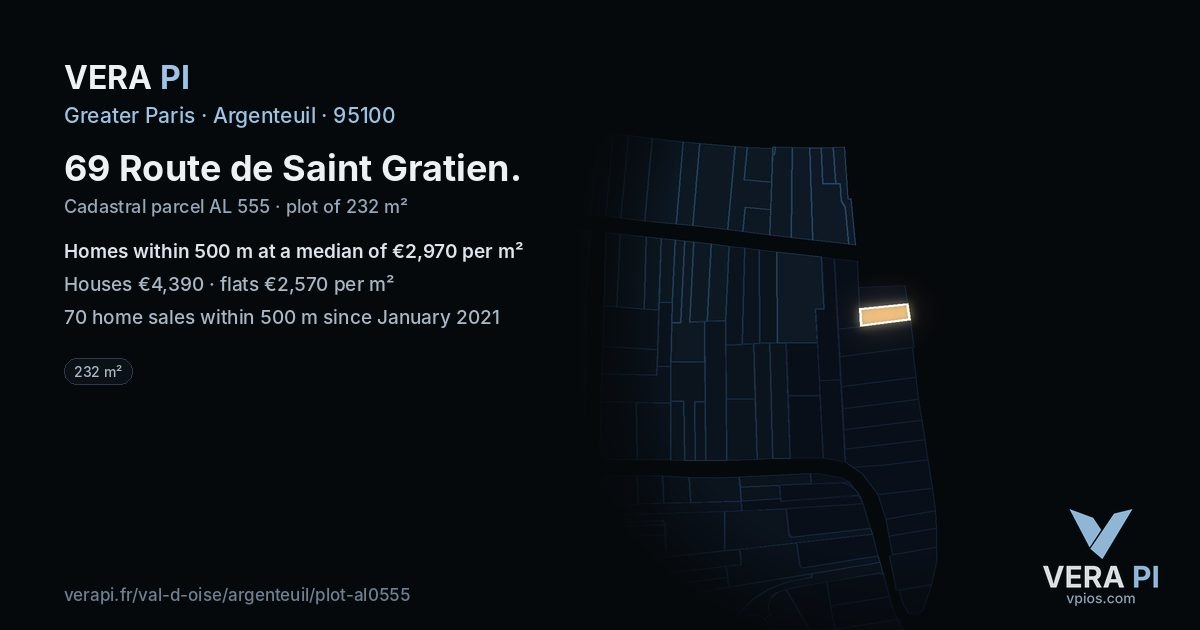 69 Route de Saint Gratien, Argenteuil at night – the plot lit, the parcels around coloured by the prices near them
