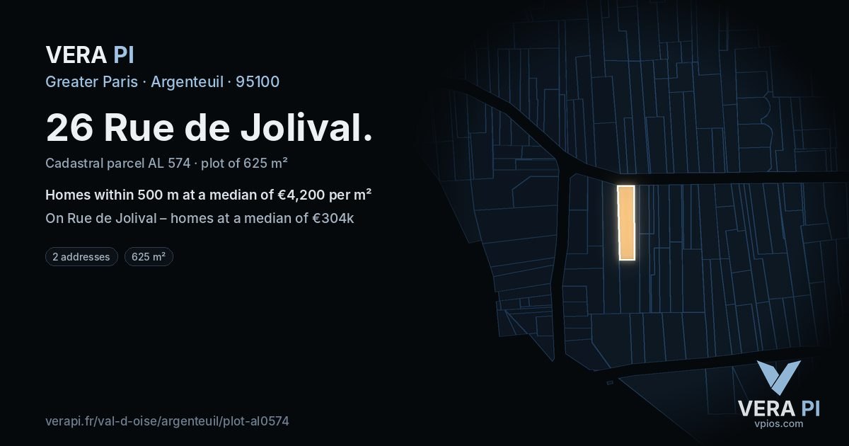 26 Rue de Jolival, Argenteuil at night – the plot lit, the parcels around coloured by the prices near them