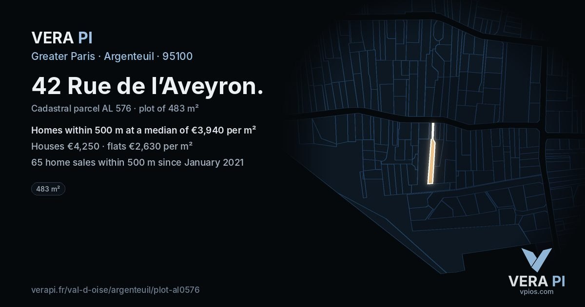 42 Rue de l’Aveyron, Argenteuil at night – the plot lit, the parcels around coloured by the prices near them