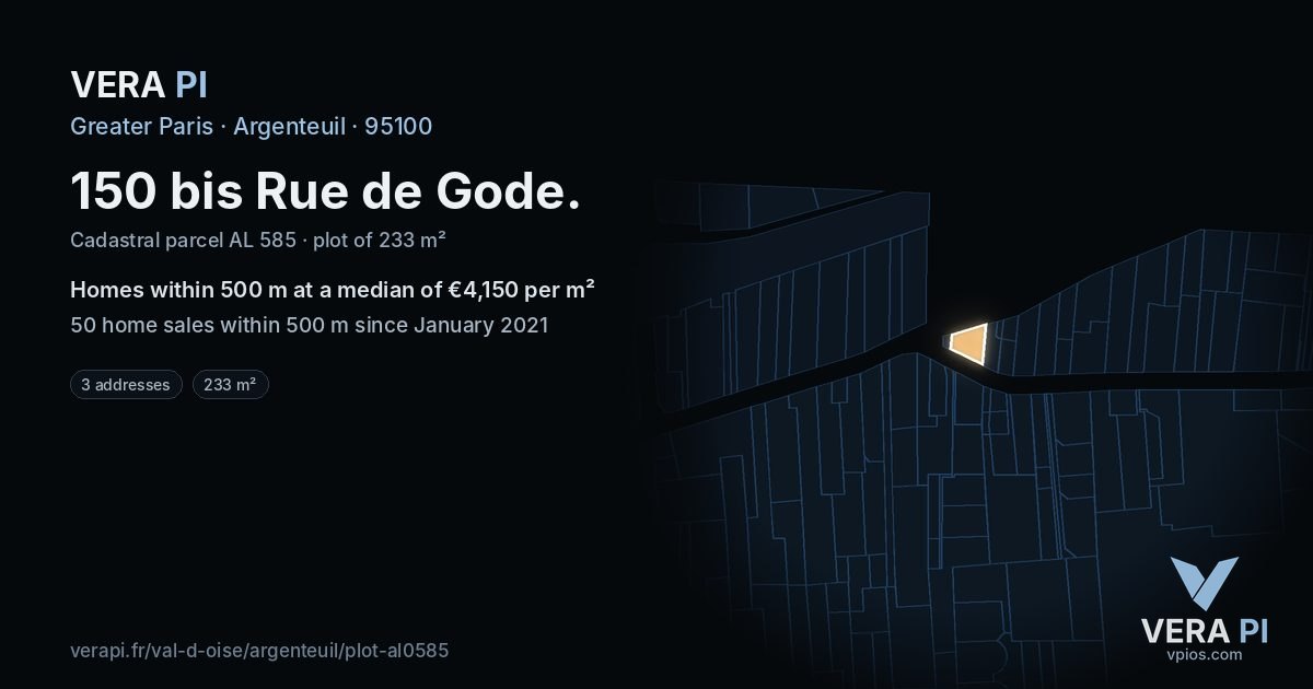 150 bis Rue de Gode, Argenteuil at night – the plot lit, the parcels around coloured by the prices near them