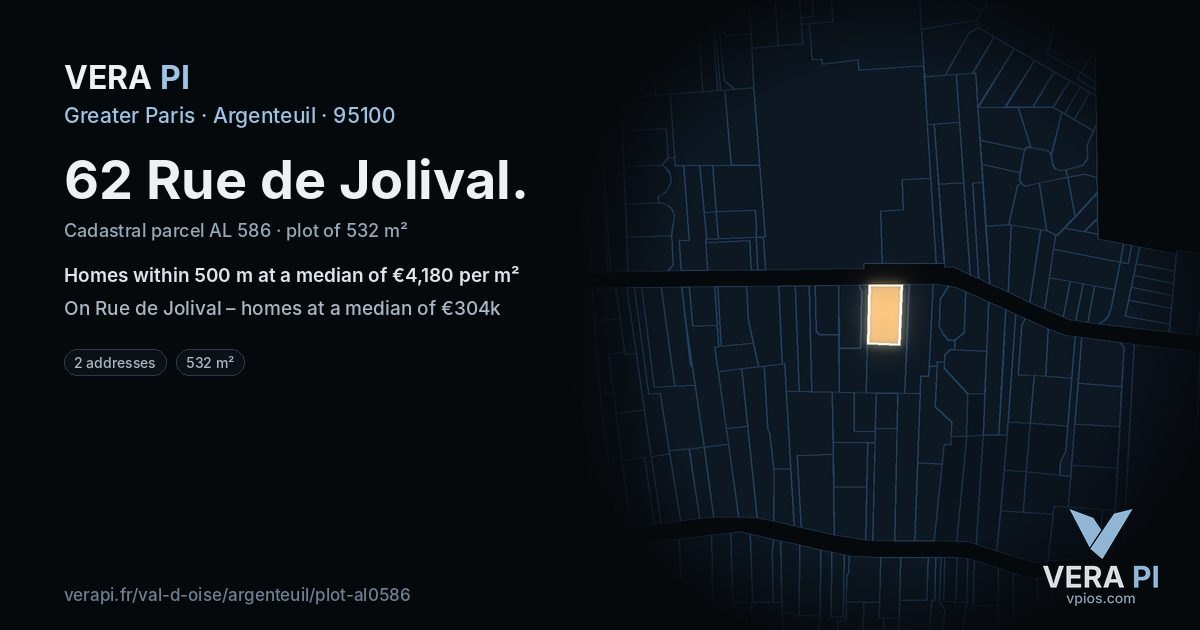 62 Rue de Jolival, Argenteuil at night – the plot lit, the parcels around coloured by the prices near them
