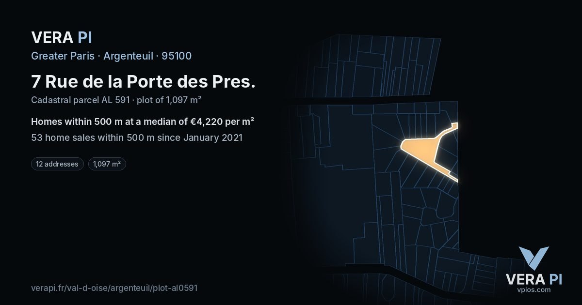 7 Rue de la Porte des Pres, Argenteuil at night – the plot lit, the parcels around coloured by the prices near them