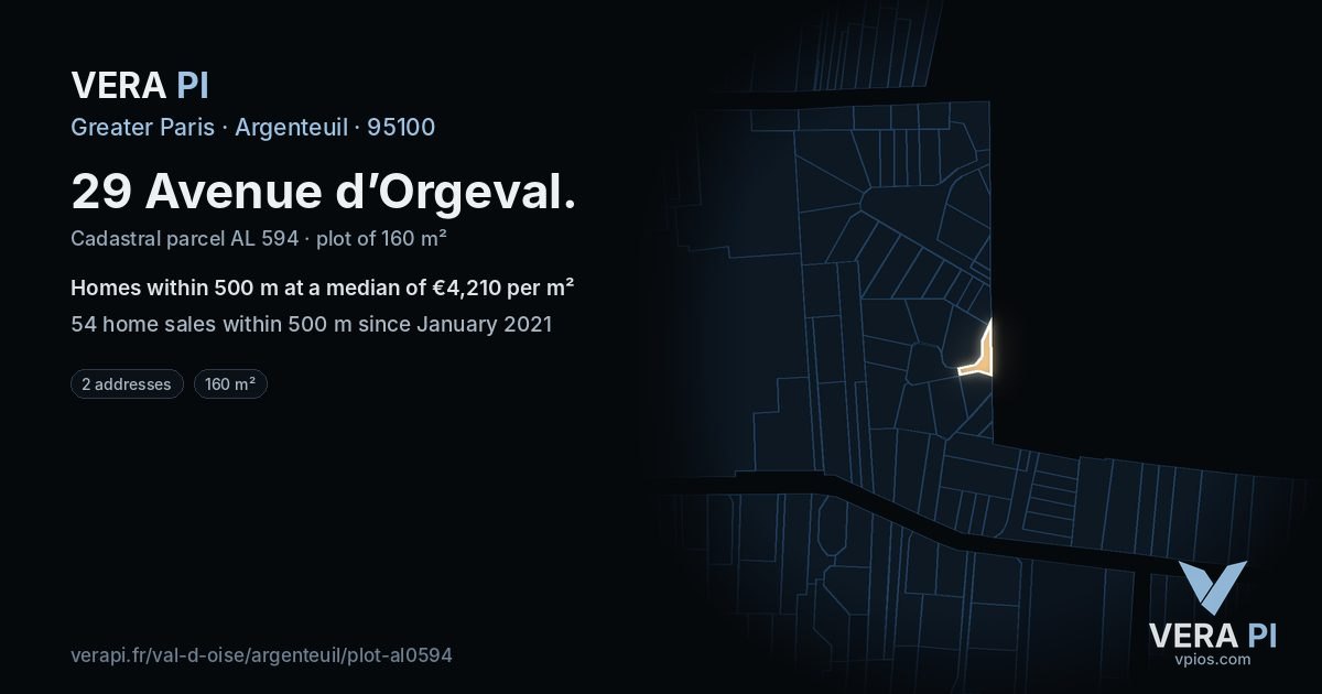 29 Avenue d’Orgeval, Argenteuil at night – the plot lit, the parcels around coloured by the prices near them