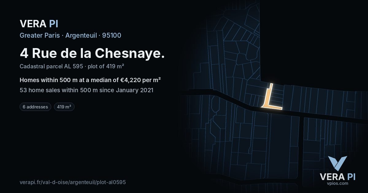 4 Rue de la Chesnaye, Argenteuil at night – the plot lit, the parcels around coloured by the prices near them