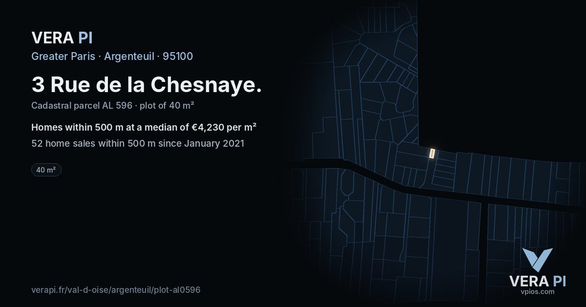 3 Rue de la Chesnaye, Argenteuil at night – the plot lit, the parcels around coloured by the prices near them