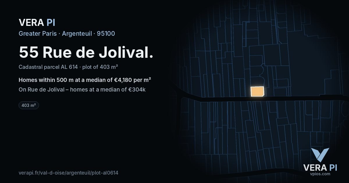 55 Rue de Jolival, Argenteuil at night – the plot lit, the parcels around coloured by the prices near them