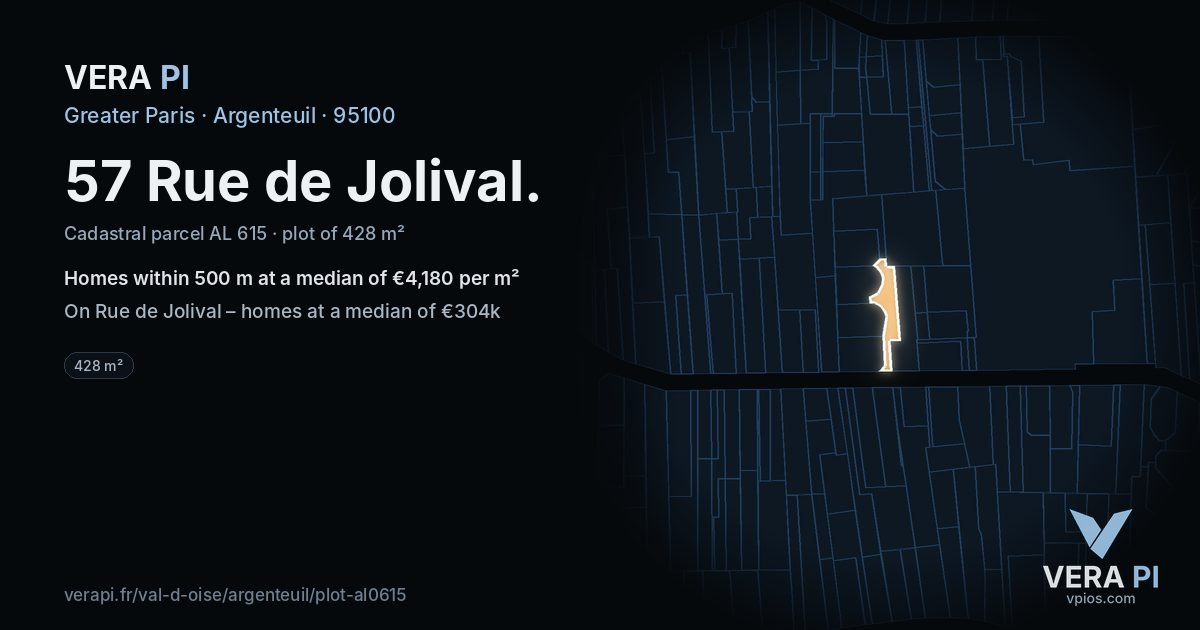 57 Rue de Jolival, Argenteuil at night – the plot lit, the parcels around coloured by the prices near them