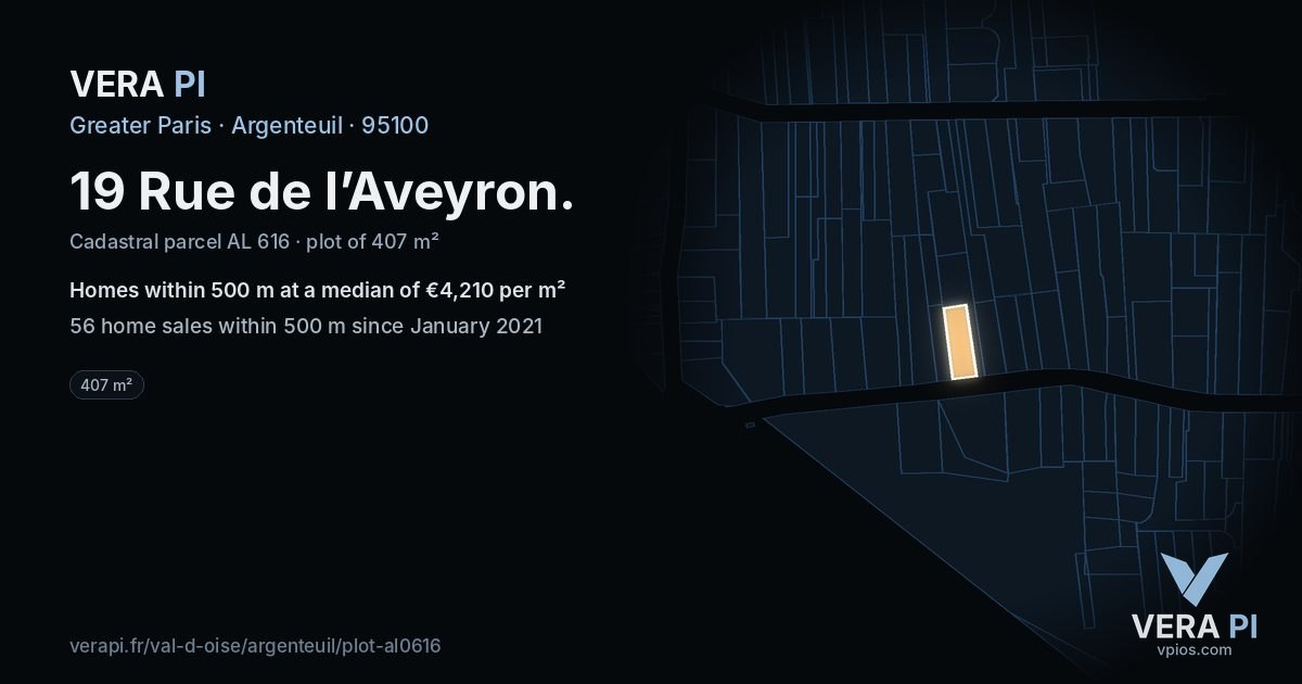 19 Rue de l’Aveyron, Argenteuil at night – the plot lit, the parcels around coloured by the prices near them