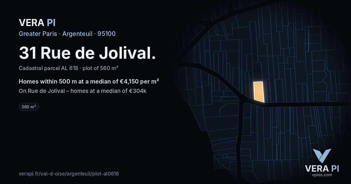 31 Rue de Jolival, Argenteuil at night – the plot lit, the parcels around coloured by the prices near them