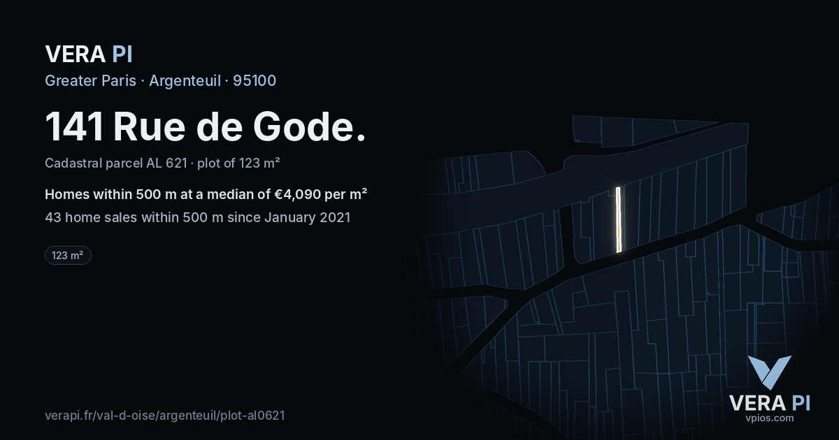 141 Rue de Gode, Argenteuil at night – the plot lit, the parcels around coloured by the prices near them