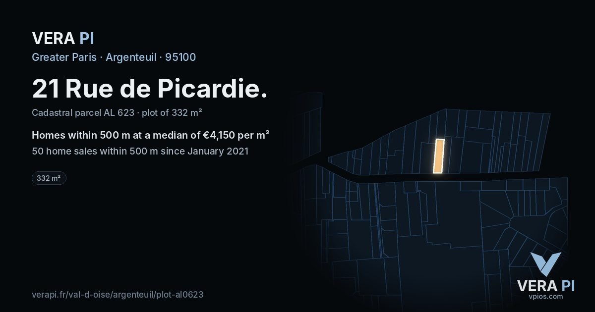 21 Rue de Picardie, Argenteuil at night – the plot lit, the parcels around coloured by the prices near them