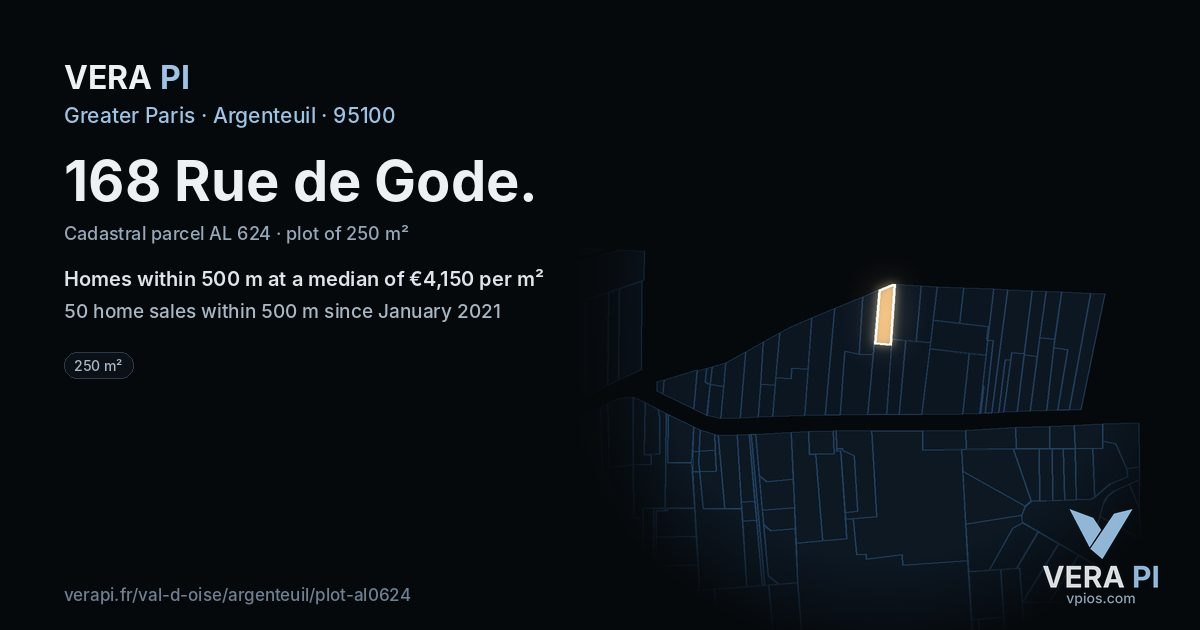 168 Rue de Gode, Argenteuil at night – the plot lit, the parcels around coloured by the prices near them