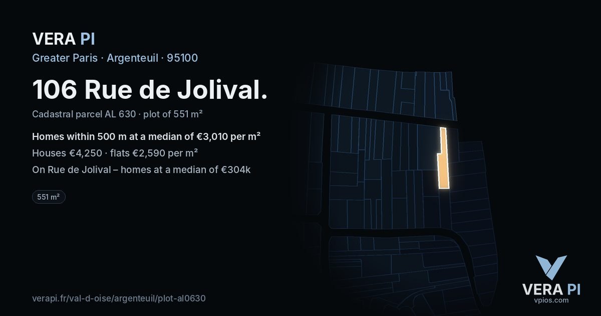 106 Rue de Jolival, Argenteuil at night – the plot lit, the parcels around coloured by the prices near them