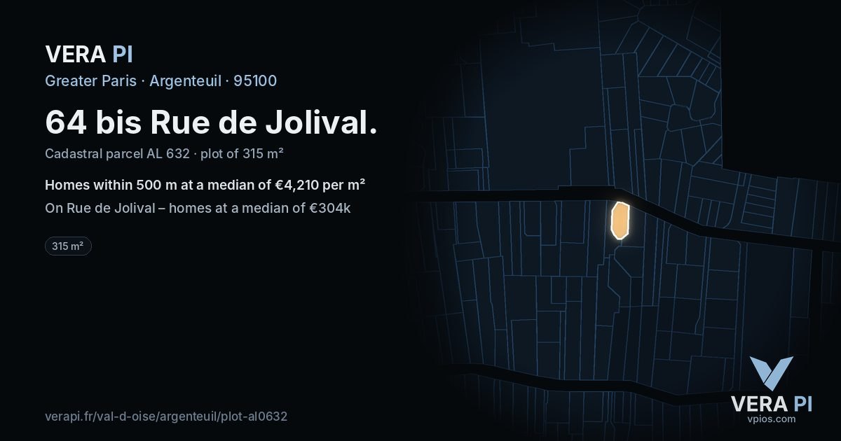 64 bis Rue de Jolival, Argenteuil at night – the plot lit, the parcels around coloured by the prices near them