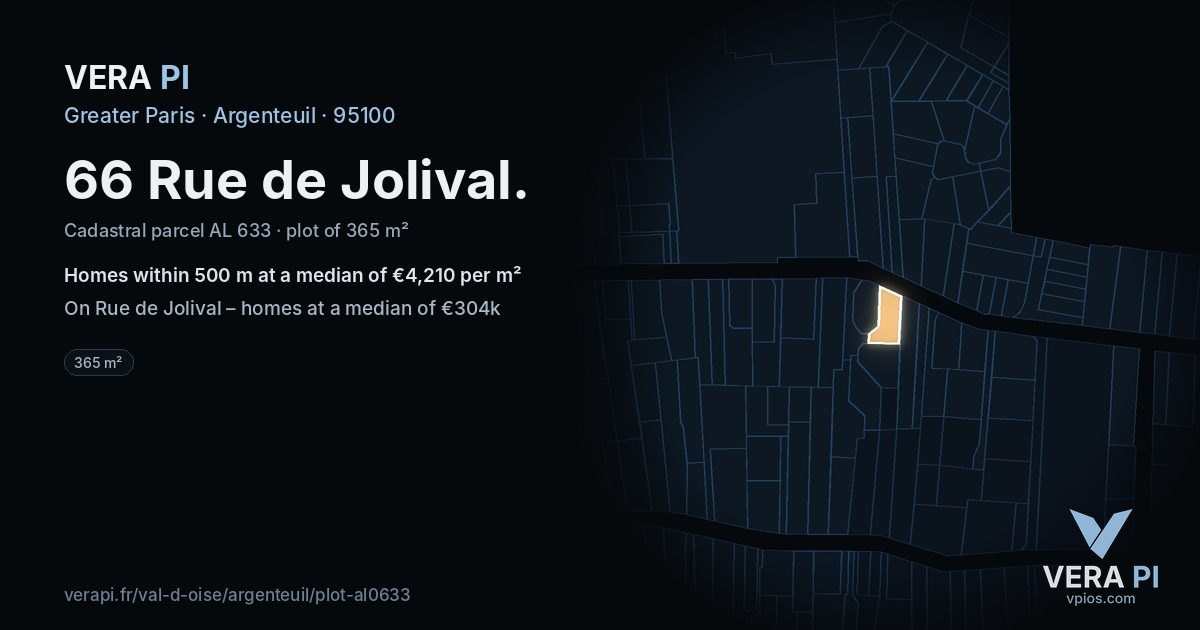 66 Rue de Jolival, Argenteuil at night – the plot lit, the parcels around coloured by the prices near them
