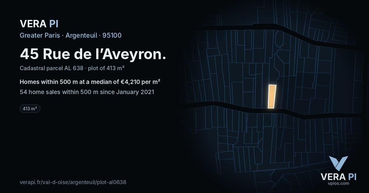 45 Rue de l’Aveyron, Argenteuil at night – the plot lit, the parcels around coloured by the prices near them