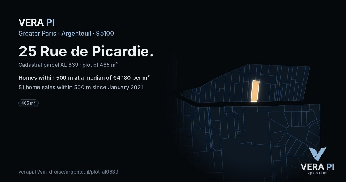 25 Rue de Picardie, Argenteuil at night – the plot lit, the parcels around coloured by the prices near them