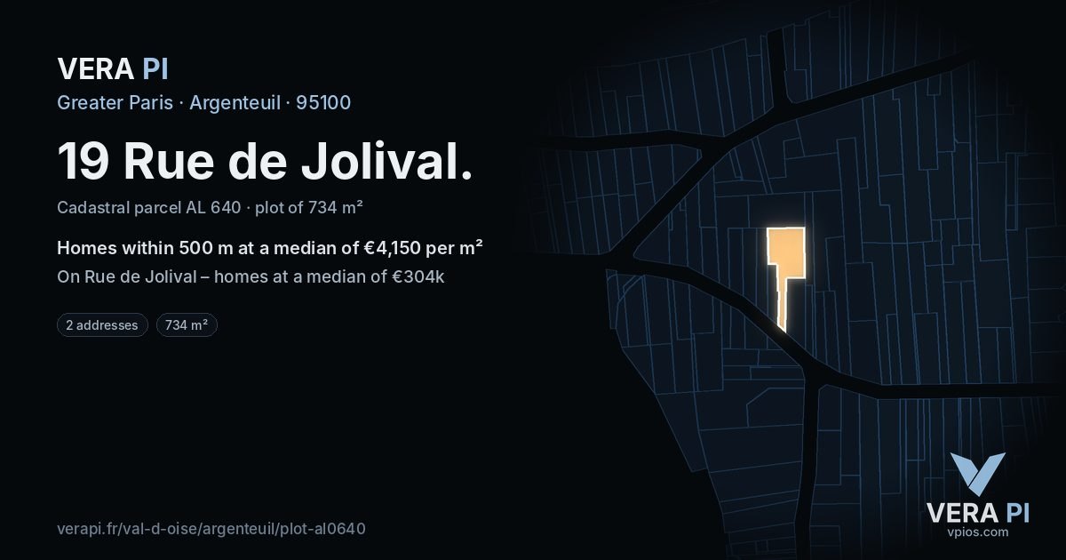 19 Rue de Jolival, Argenteuil at night – the plot lit, the parcels around coloured by the prices near them