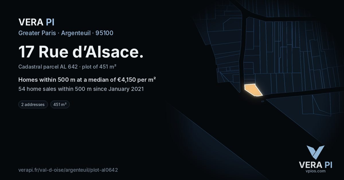 17 Rue d’Alsace, Argenteuil at night – the plot lit, the parcels around coloured by the prices near them
