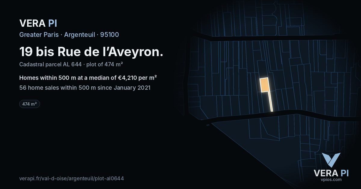 19 bis Rue de l’Aveyron, Argenteuil at night – the plot lit, the parcels around coloured by the prices near them