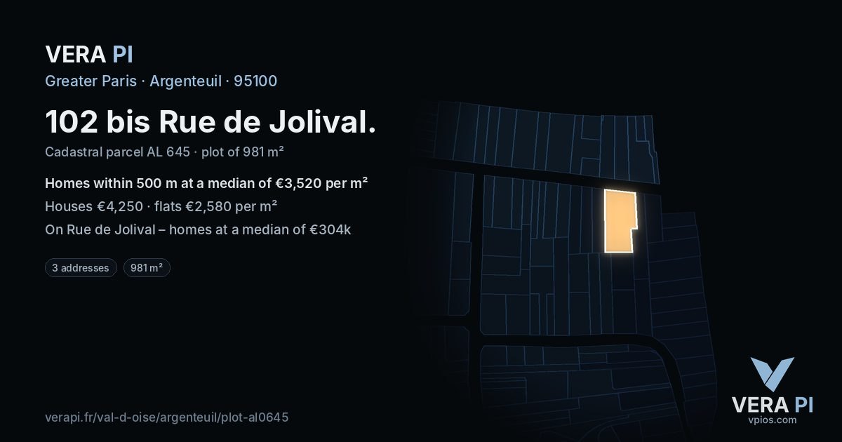 102 bis Rue de Jolival, Argenteuil at night – the plot lit, the parcels around coloured by the prices near them
