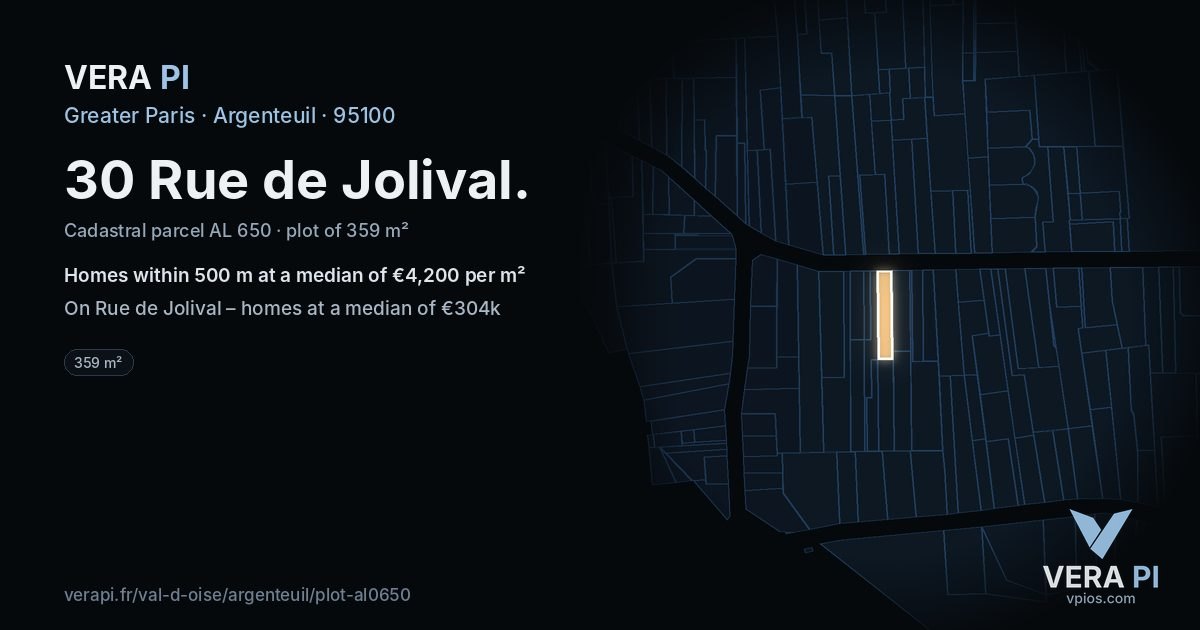 30 Rue de Jolival, Argenteuil at night – the plot lit, the parcels around coloured by the prices near them