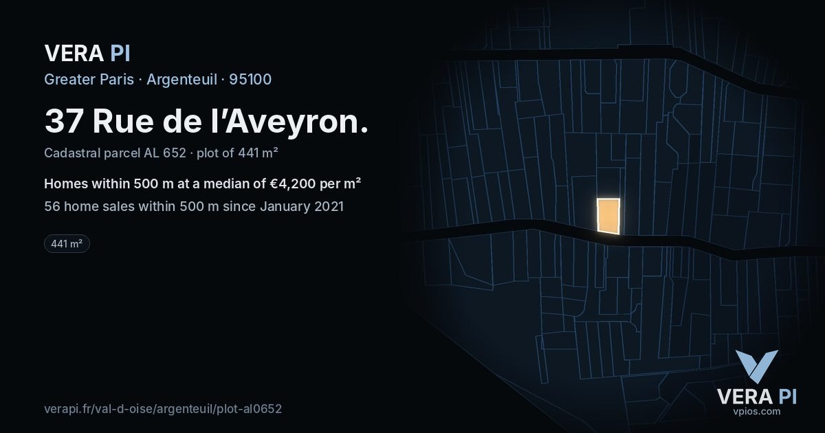 37 Rue de l’Aveyron, Argenteuil at night – the plot lit, the parcels around coloured by the prices near them