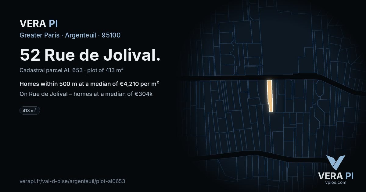 52 Rue de Jolival, Argenteuil at night – the plot lit, the parcels around coloured by the prices near them