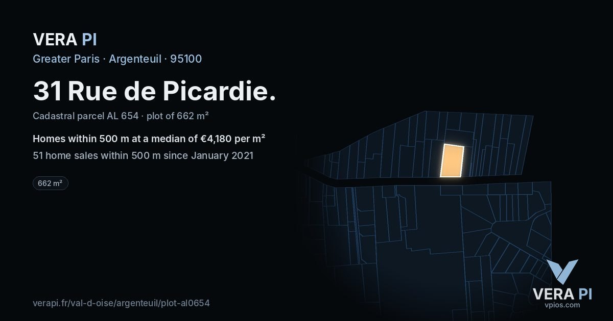 31 Rue de Picardie, Argenteuil at night – the plot lit, the parcels around coloured by the prices near them