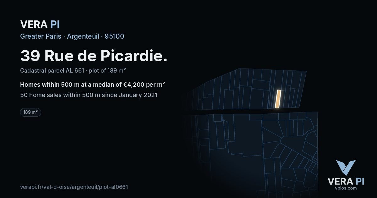 39 Rue de Picardie, Argenteuil at night – the plot lit, the parcels around coloured by the prices near them
