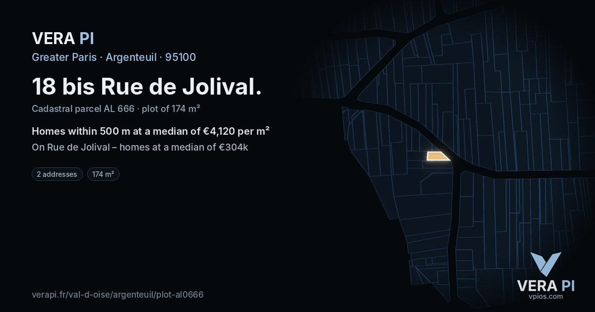 18 bis Rue de Jolival, Argenteuil at night – the plot lit, the parcels around coloured by the prices near them