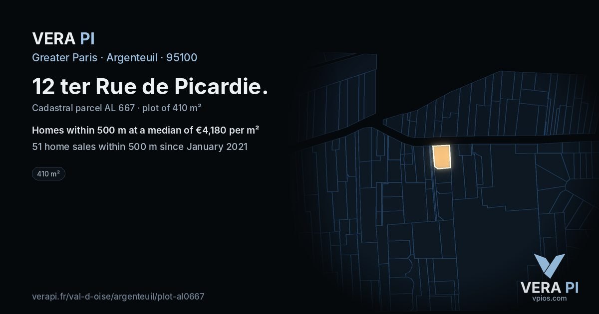 12 ter Rue de Picardie, Argenteuil at night – the plot lit, the parcels around coloured by the prices near them
