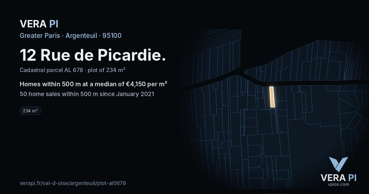 12 Rue de Picardie, Argenteuil at night – the plot lit, the parcels around coloured by the prices near them