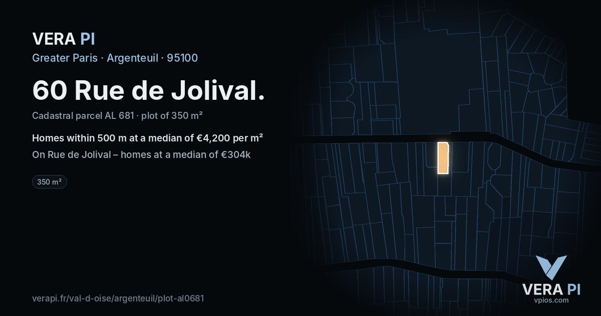 60 Rue de Jolival, Argenteuil at night – the plot lit, the parcels around coloured by the prices near them