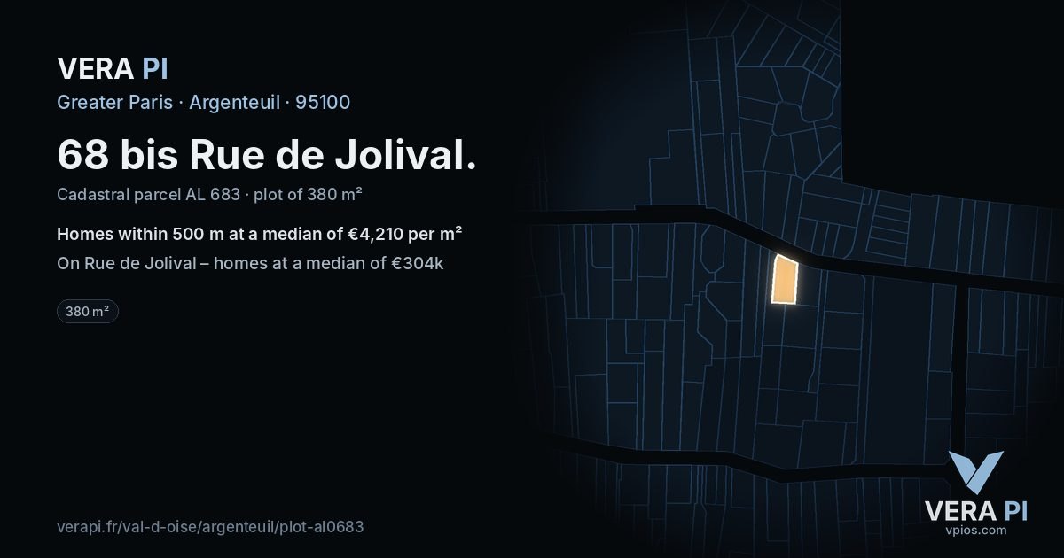 68 bis Rue de Jolival, Argenteuil at night – the plot lit, the parcels around coloured by the prices near them