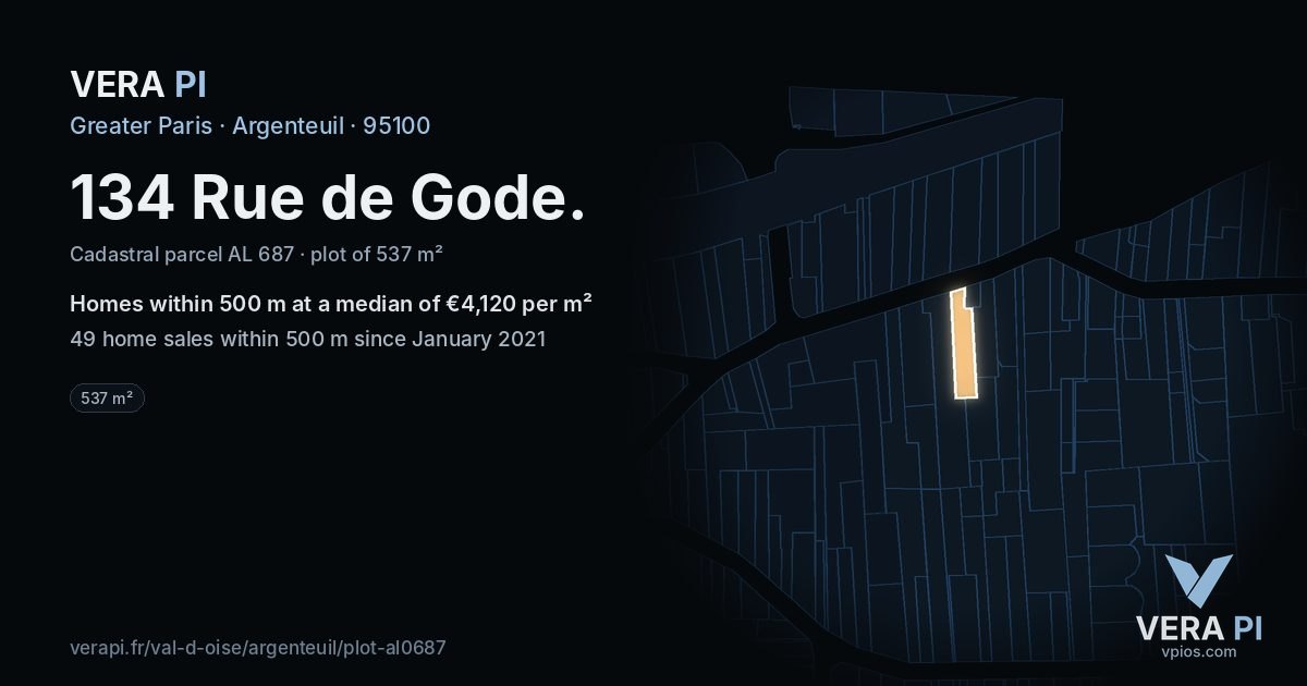134 Rue de Gode, Argenteuil at night – the plot lit, the parcels around coloured by the prices near them