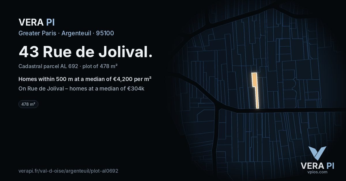 43 Rue de Jolival, Argenteuil at night – the plot lit, the parcels around coloured by the prices near them