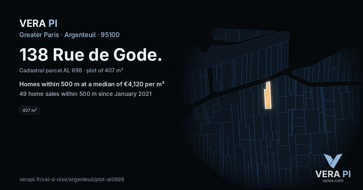 138 Rue de Gode, Argenteuil at night – the plot lit, the parcels around coloured by the prices near them