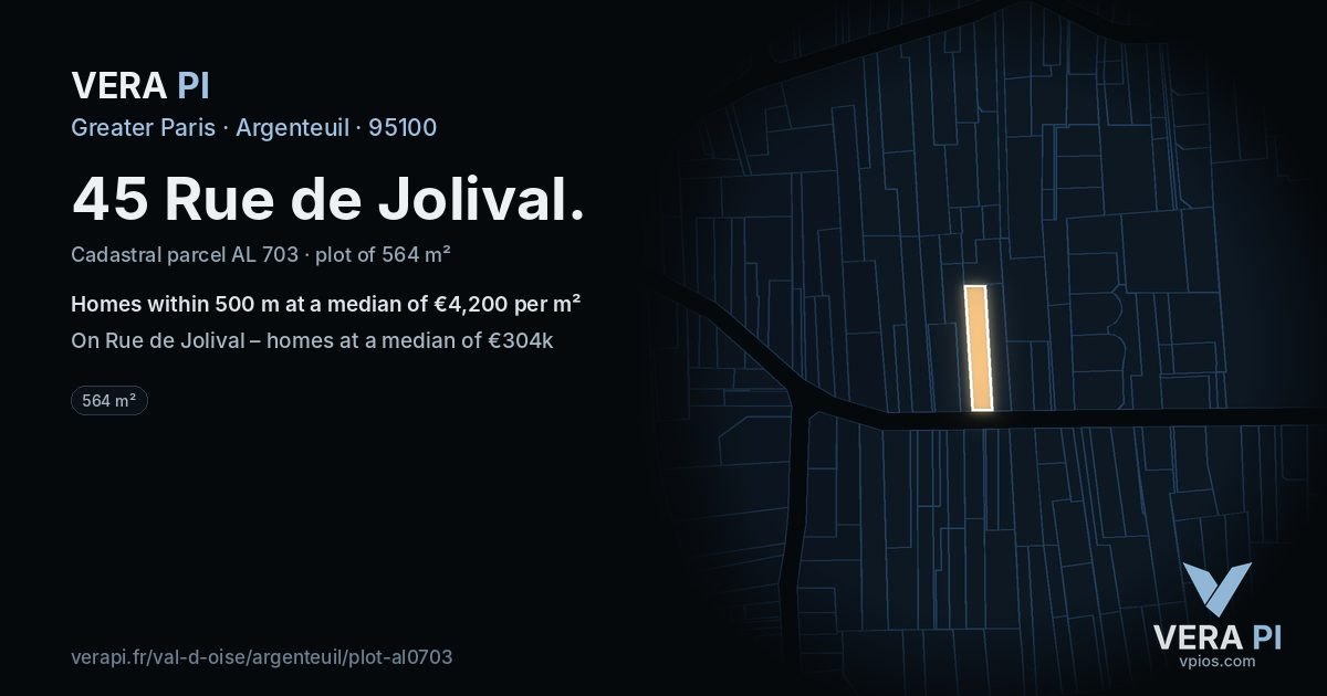45 Rue de Jolival, Argenteuil at night – the plot lit, the parcels around coloured by the prices near them