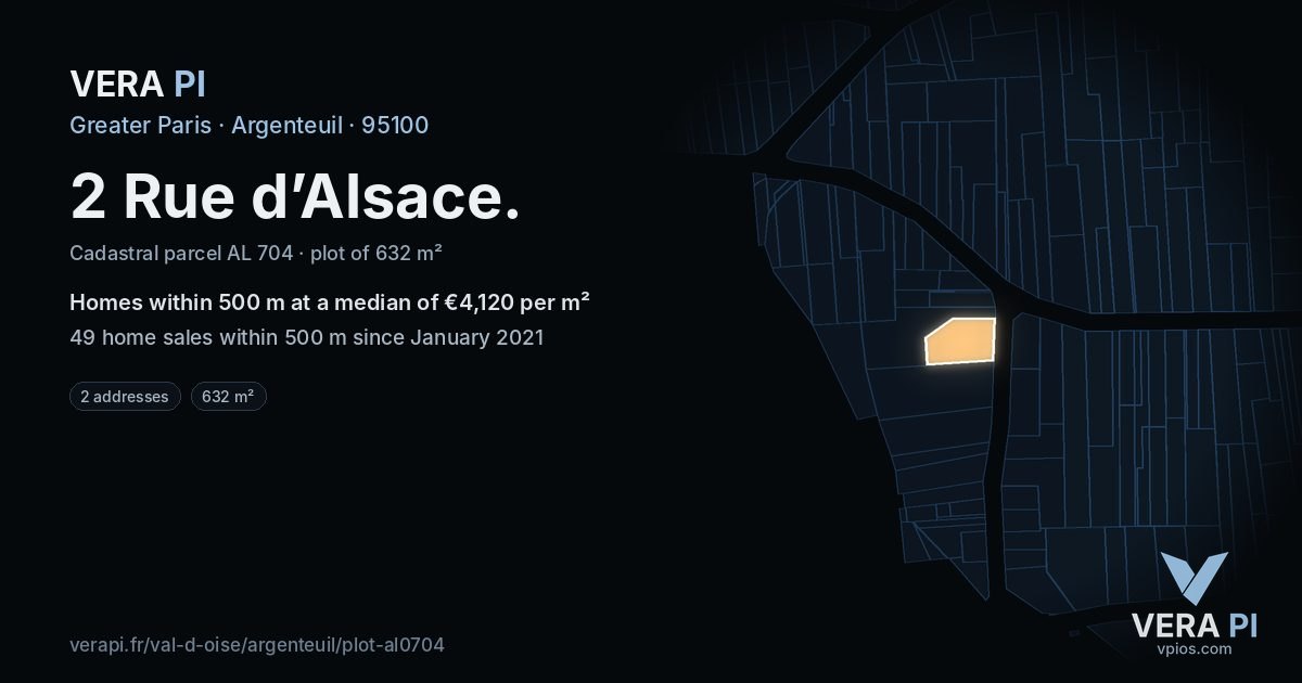 2 Rue d’Alsace, Argenteuil at night – the plot lit, the parcels around coloured by the prices near them