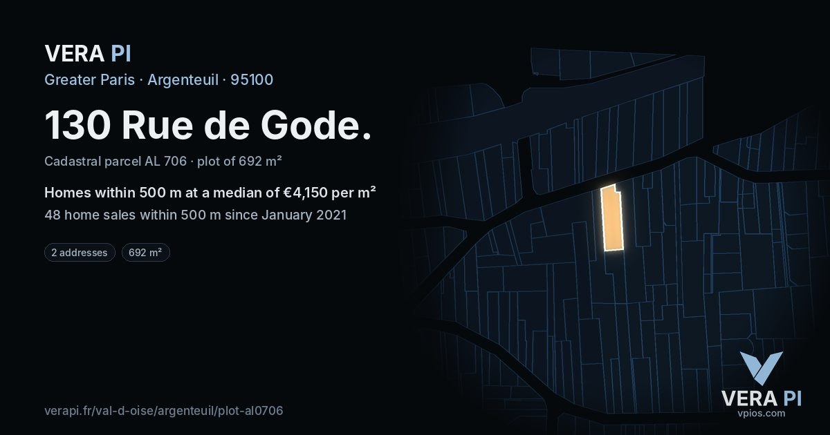 130 Rue de Gode, Argenteuil at night – the plot lit, the parcels around coloured by the prices near them