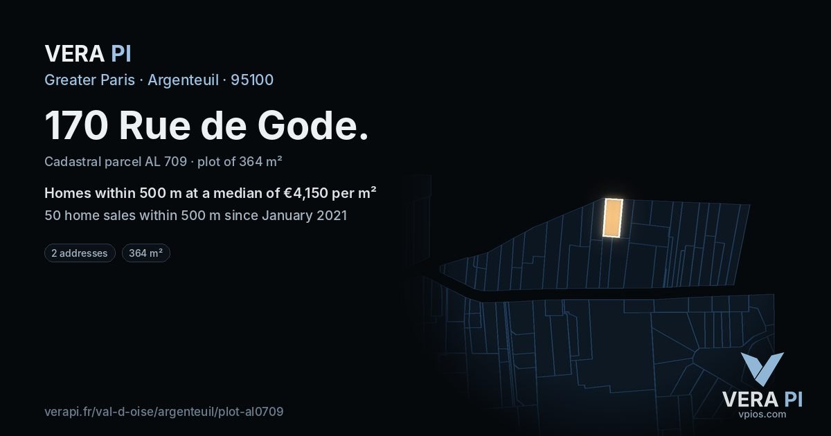 170 Rue de Gode, Argenteuil at night – the plot lit, the parcels around coloured by the prices near them