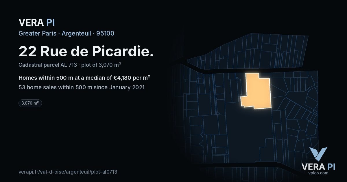 22 Rue de Picardie, Argenteuil at night – the plot lit, the parcels around coloured by the prices near them