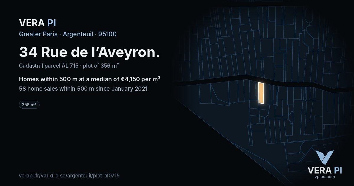 34 Rue de l’Aveyron, Argenteuil at night – the plot lit, the parcels around coloured by the prices near them